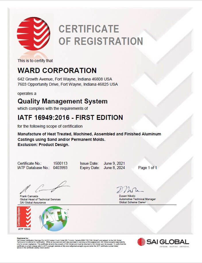 Ward Aluminum Company has it's IATF certification.